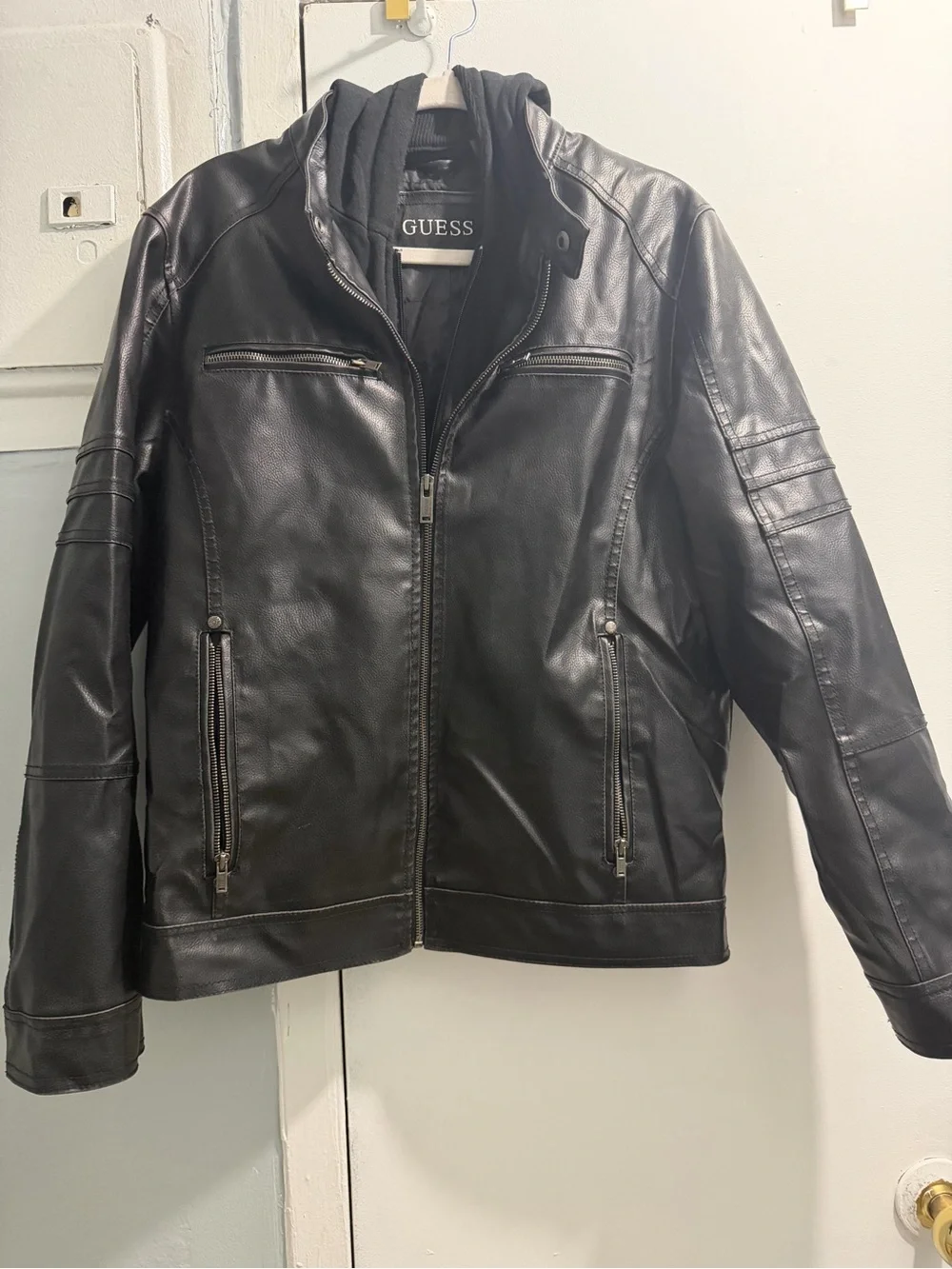 GUESS Black Leather Bomber Jacket with Zip Pockets